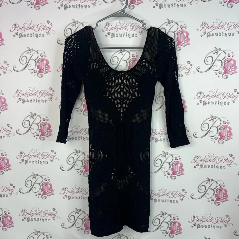 bebe dress stretchy bodycon tight 2 layer style Black Long Sleeve Lace sexy